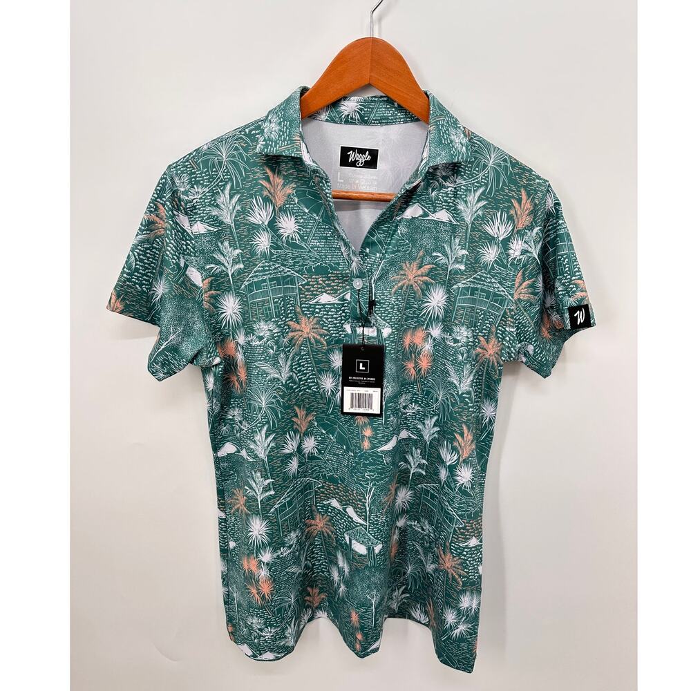 WAGGLE NWT Women's Cabana Tropical Print Green Golf Polo // L